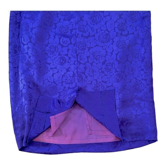 Vintage Silk Pencil Skirt Indigo Purple Lined Rose Zip Elastic Waist Women 4 - Picture 5 of 6